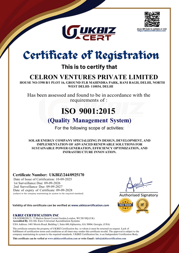 ISO 9001:2015 certificate of registration for Celron Ventures Private Limited