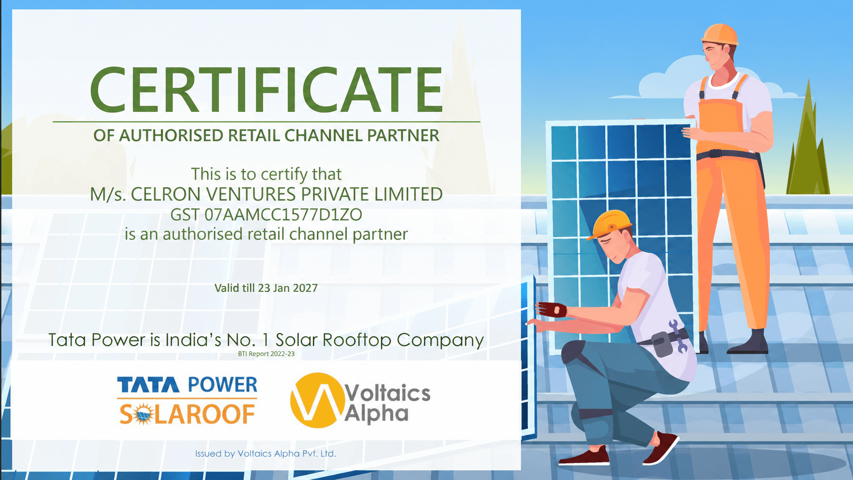 Tata Power authorised retail channel partner certificate for Celron Ventures Private Limited