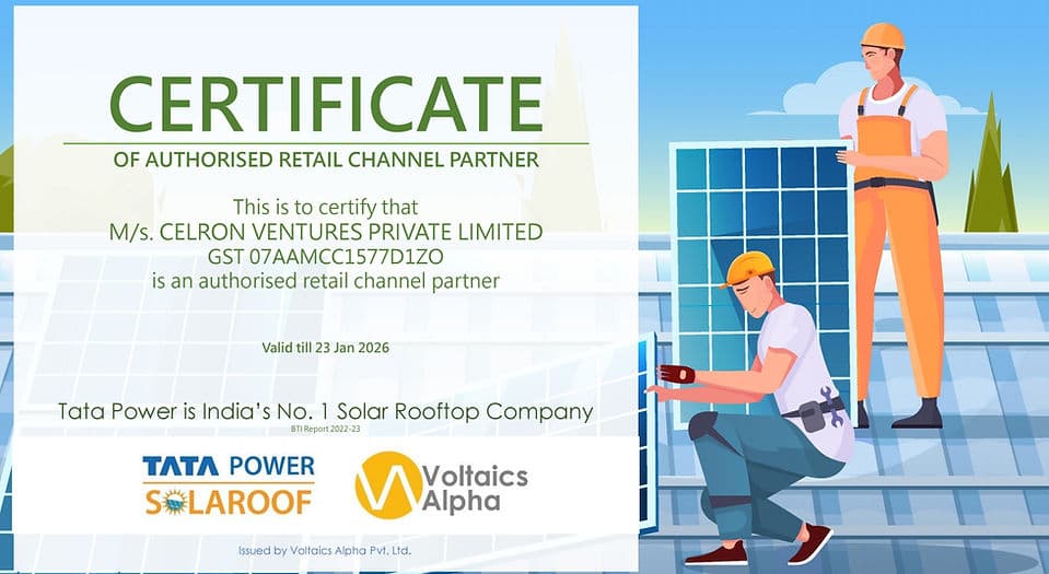 Tata Power authorised retail channel partner certificate for Celron Ventures Private Limited